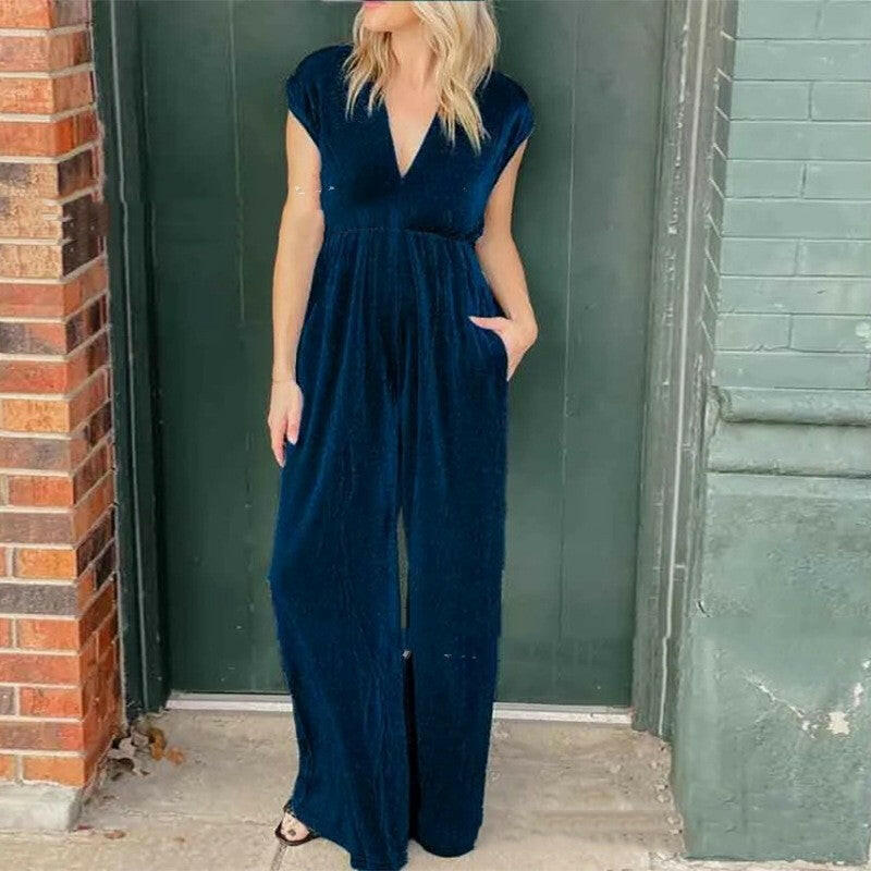 V-neck Short-sleeved High Waist Long Jumpsuit.