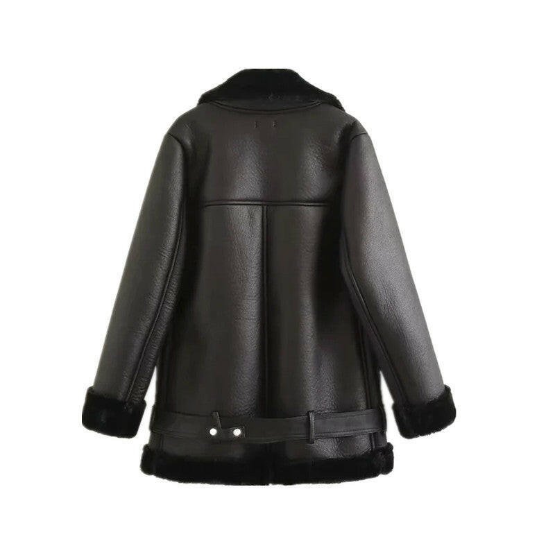 Jacket Tops Women's Trendy Belt PU Leather Jacket.