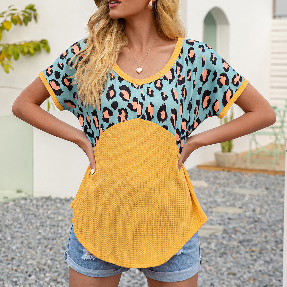 Women's Leopard Panel Waffle Short Sleeve V-Neck T-Shirt.