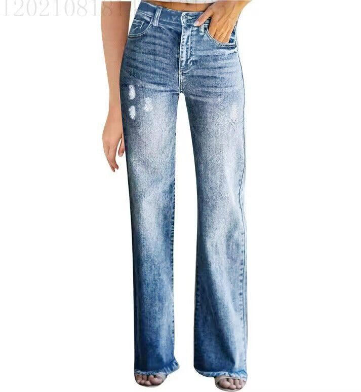 Women's Washed White Mid Waist Slimming Denim Pants.