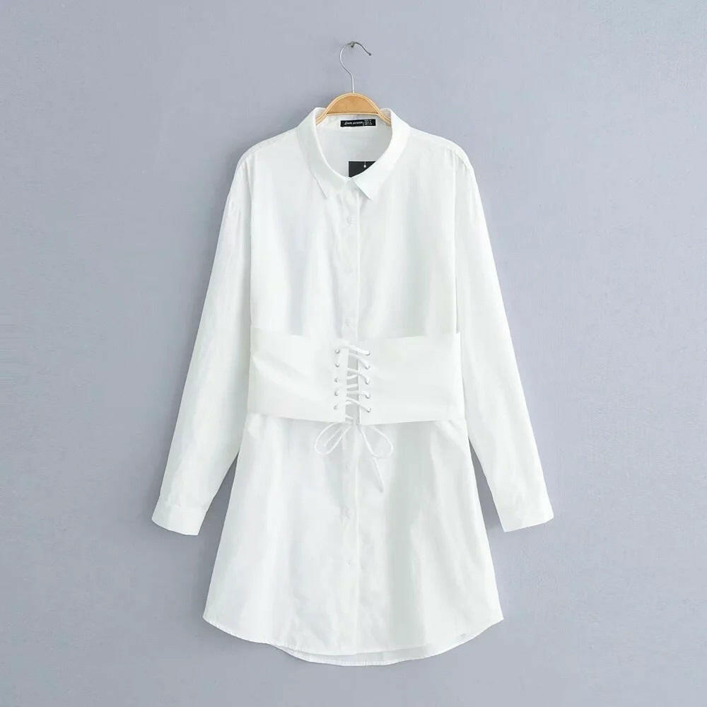 Long sleeve white shirt dress with tie waist.