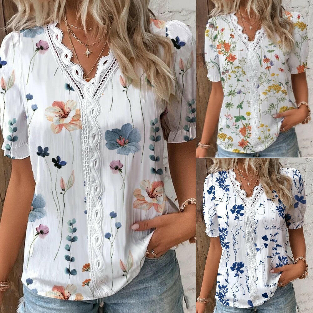 Summer V-neck Lace Stitching Printing Shirt For Women.