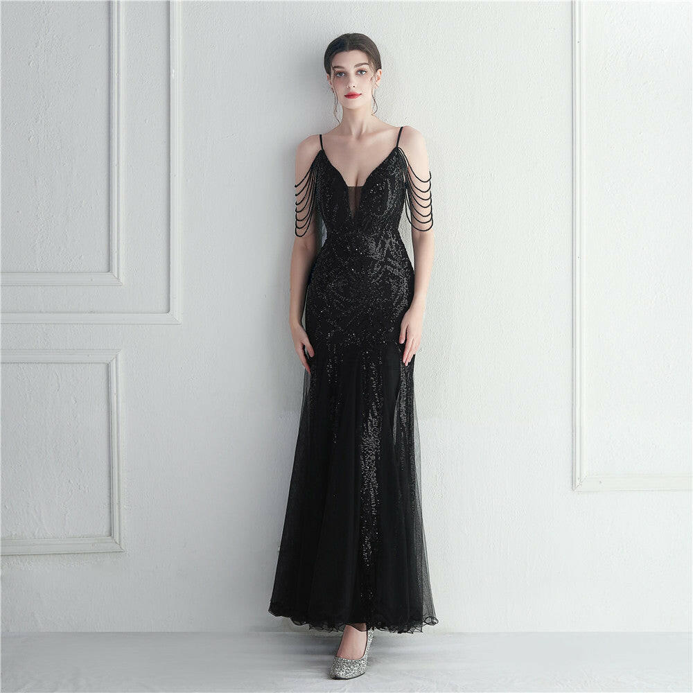 Mesh Beaded Bridal Wedding Dinner Long Camisole Evening Gown.