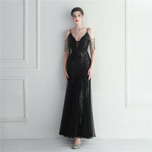 Mesh Beaded Bridal Wedding Dinner Long Camisole Evening Gown.