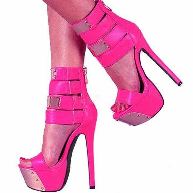 Heel Open Toe Women's Roman Sandals Metal Sheet Rivet Waterproof Platform High Heels.