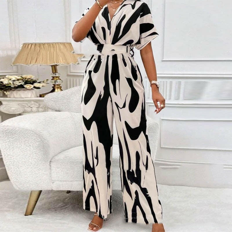 V-neck Loose Printed Long Jumpsuit.