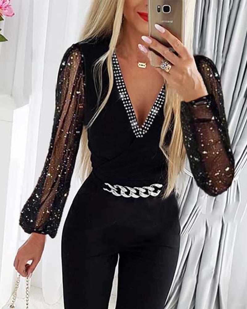 V-neck Rhinestone Mesh Jumpsuit.