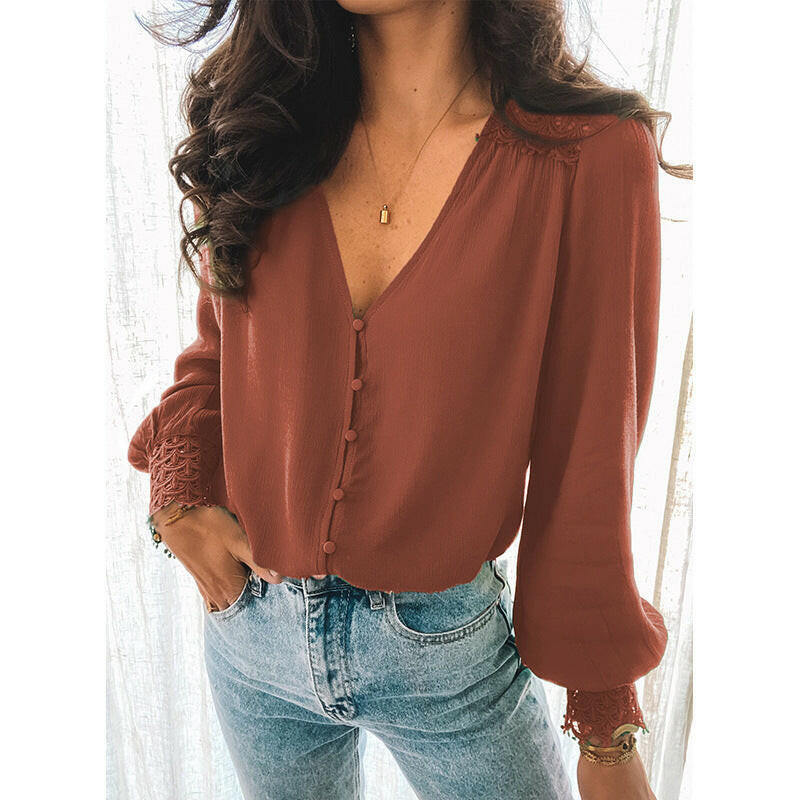 Solid Color Lace V-neck Single-breasted Shirt For Women.