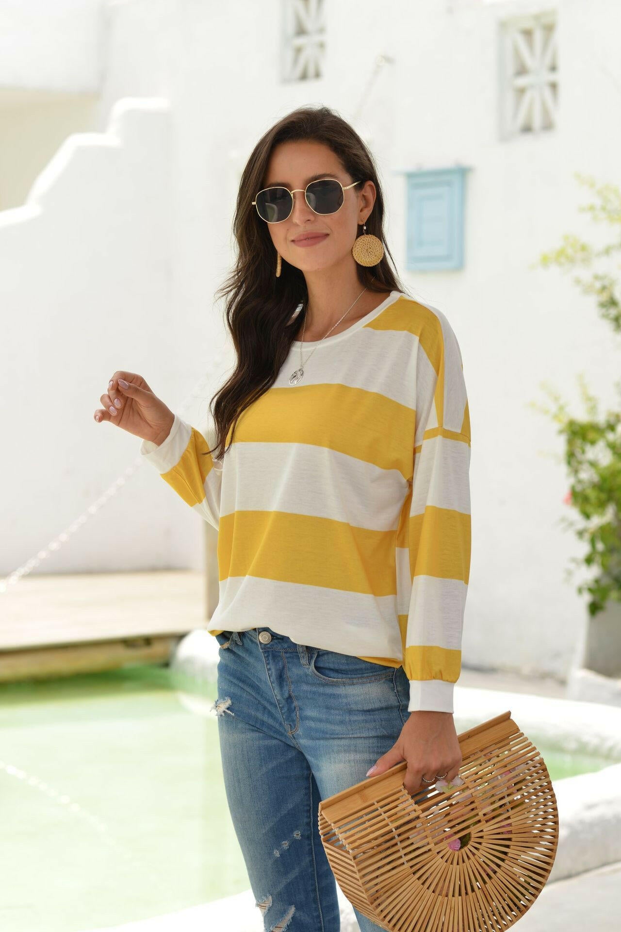 Stripe Simple Round Neck T Shirt.