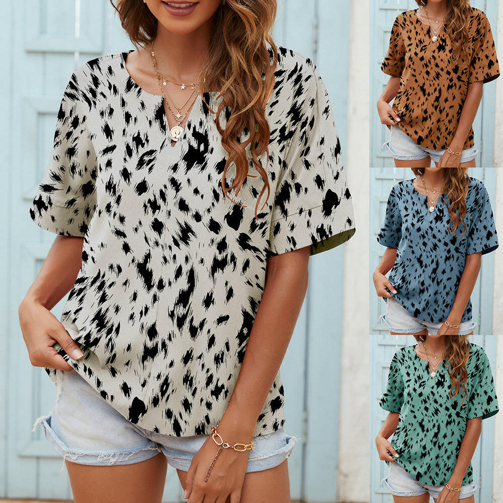 Printed V-neck Short-sleeved Casual Top T-shirt For Women.