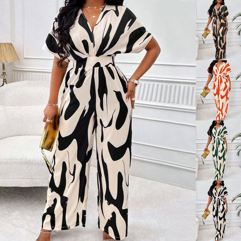 V-neck Loose Printed Long Jumpsuit.