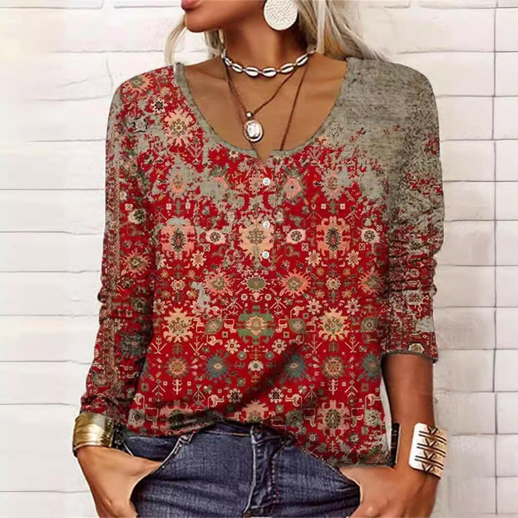 Long Sleeved Geometric Flower Mang U-neck Button Up T-shirt For Women.