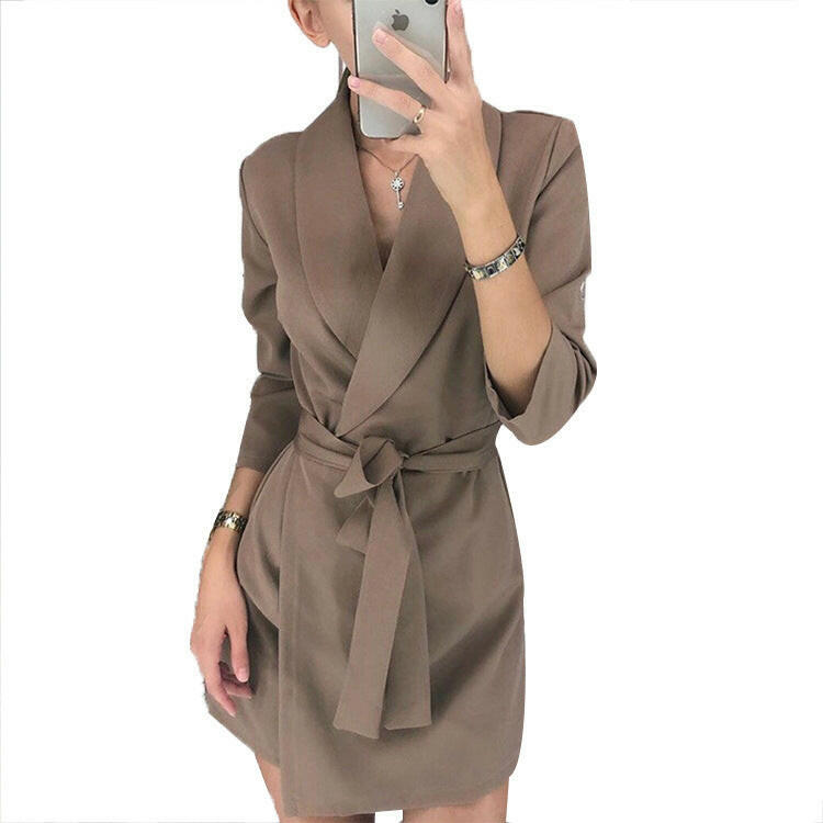 European And American Long Sleeve Solid Color Suit Collar Fashion Belt Short Dress.