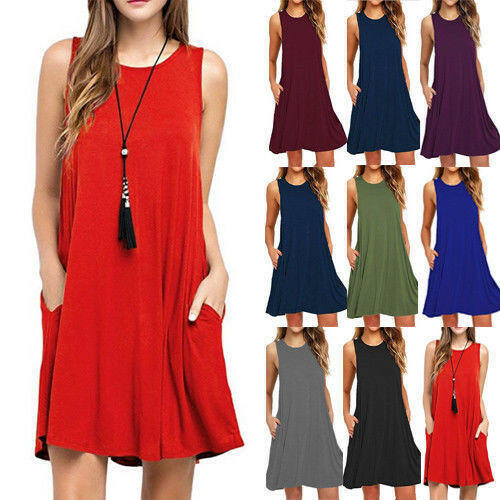 Summer Women Casual Pocket Dress Ladies T Shirt Dresses.