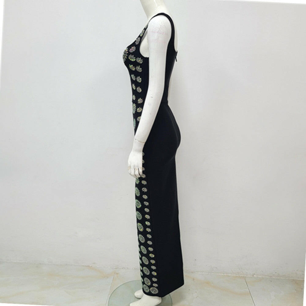 Black Sleeveless U-neck Rhinestone Elegant Slim Bandage DressEvening Dress.