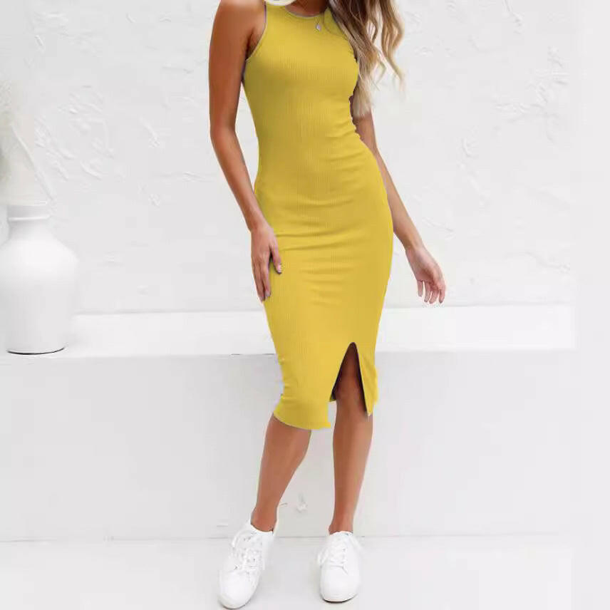 Women's Solid Color Vest Slim Long Knitted Slit Dress.