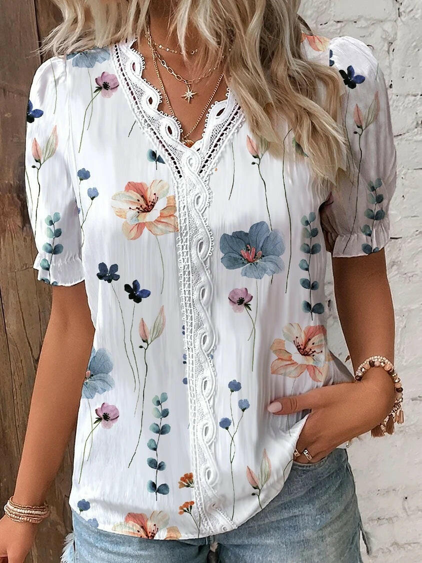 Summer V-neck Lace Stitching Printing Shirt For Women.