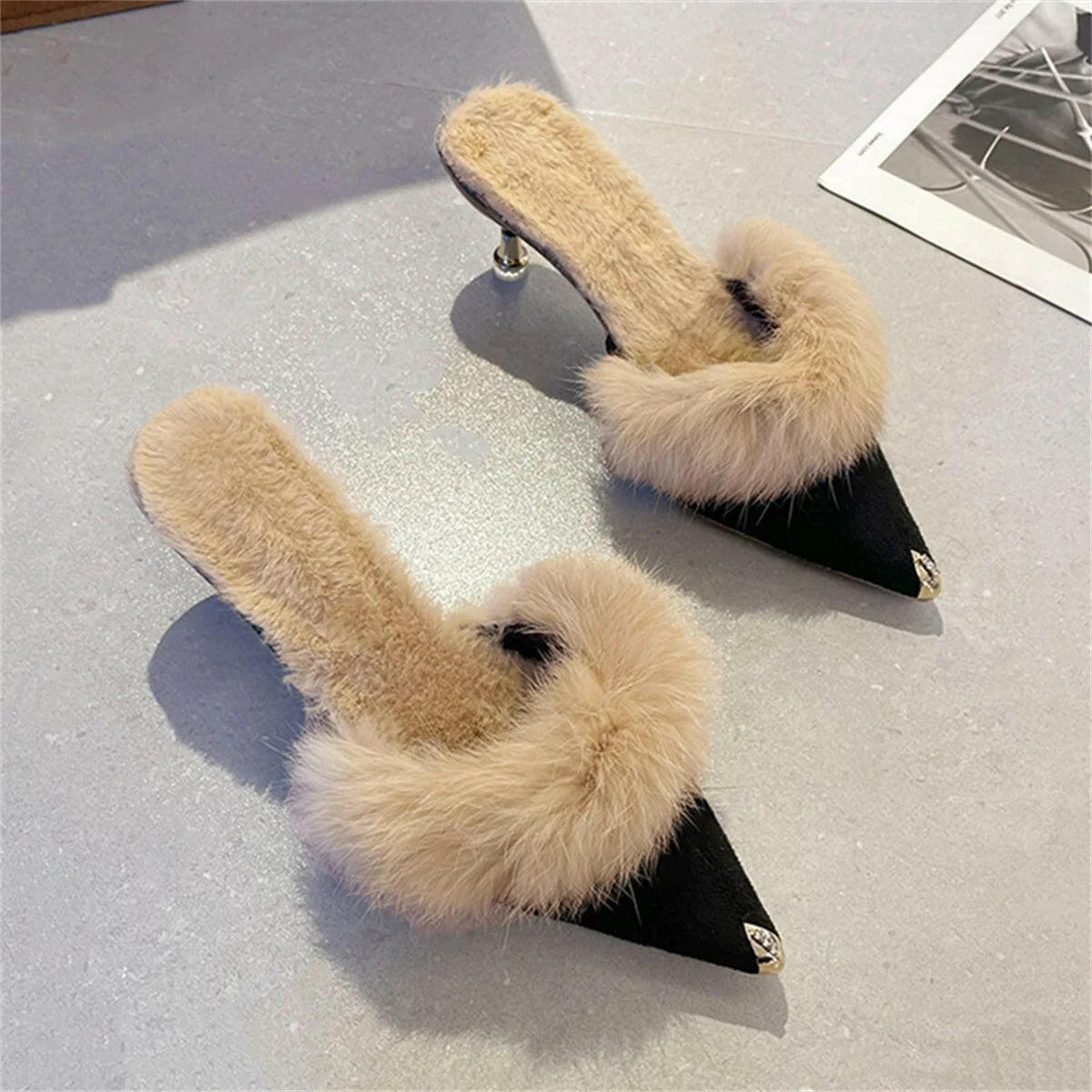 Women High Heel Shoes  Fur Slippers Mules Pointed.