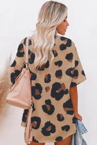 Women's Short Sleeve Temperament Leopard Print Loose Round Neck T-shirt.