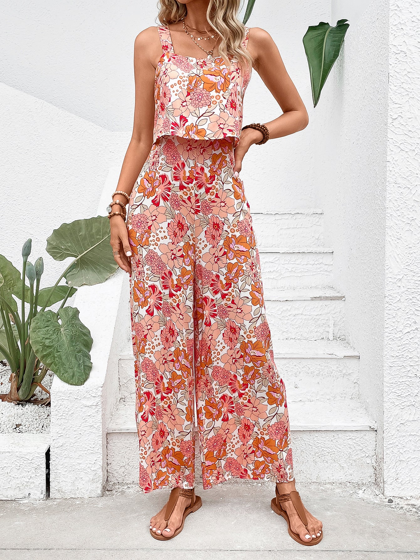 Printed Square Collar Camisole Jumpsuit.