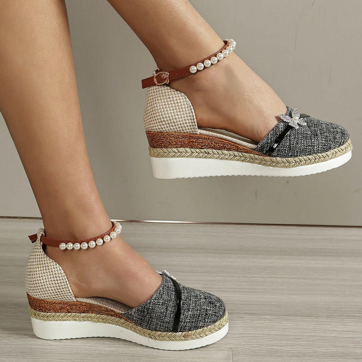 Women's Wedge Bow Sandals Straw Rope Woven.