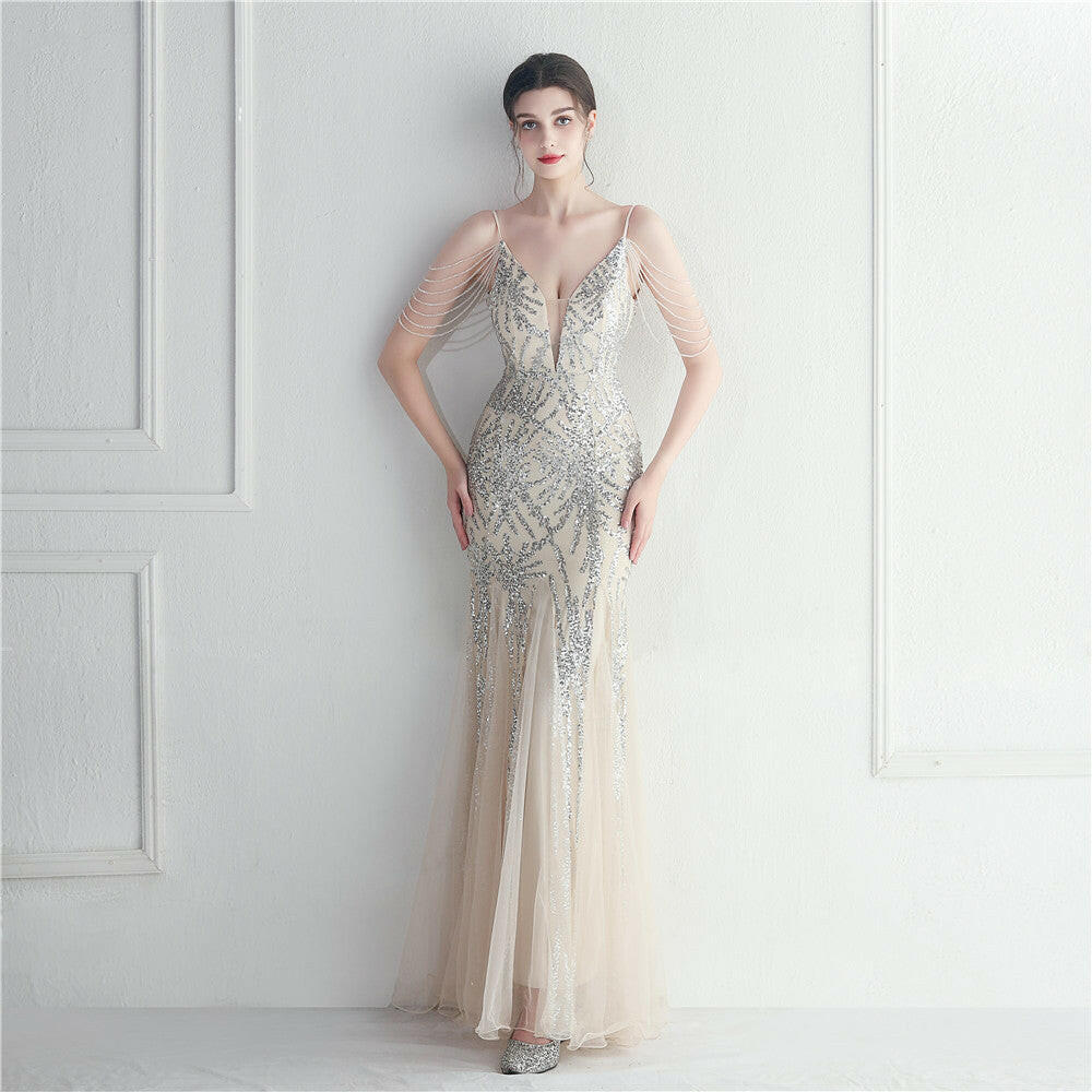 Mesh Beaded Bridal Wedding Dinner Long Camisole Evening Gown.