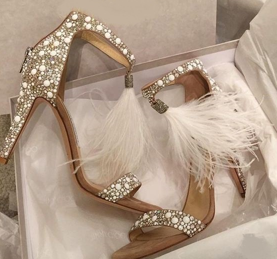 Women Sandals Pumps Summer Rhinestone Zipper Feather.