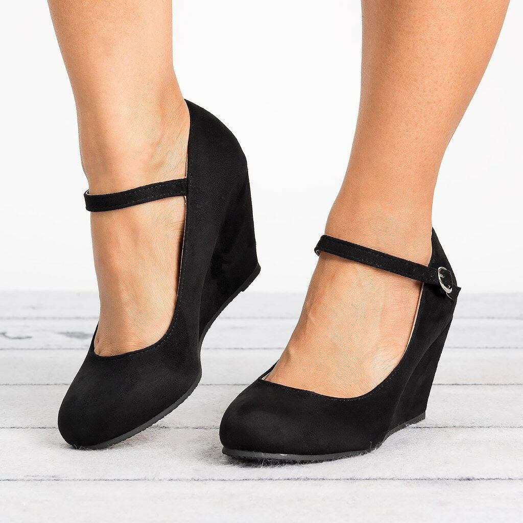 Women's Wedge High Heel Buckle Black Platform.