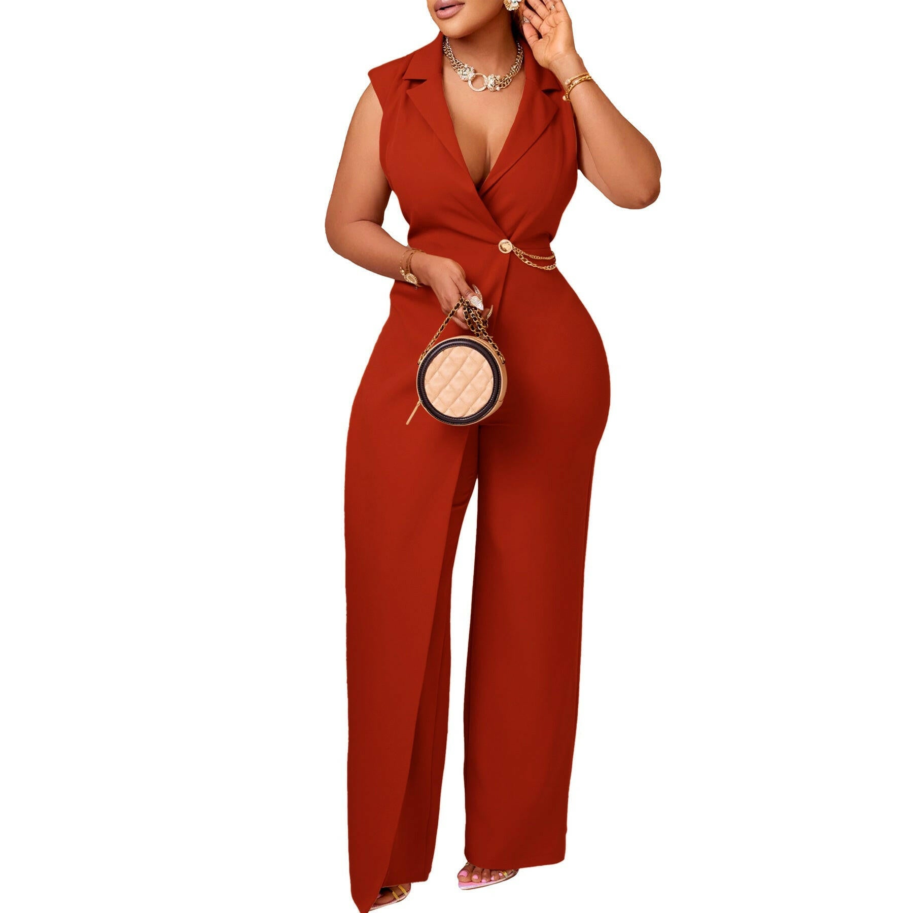 Elegant Elegant Suit Collar Tight Waist Chain Loose Wide Leg Jumpsuit.