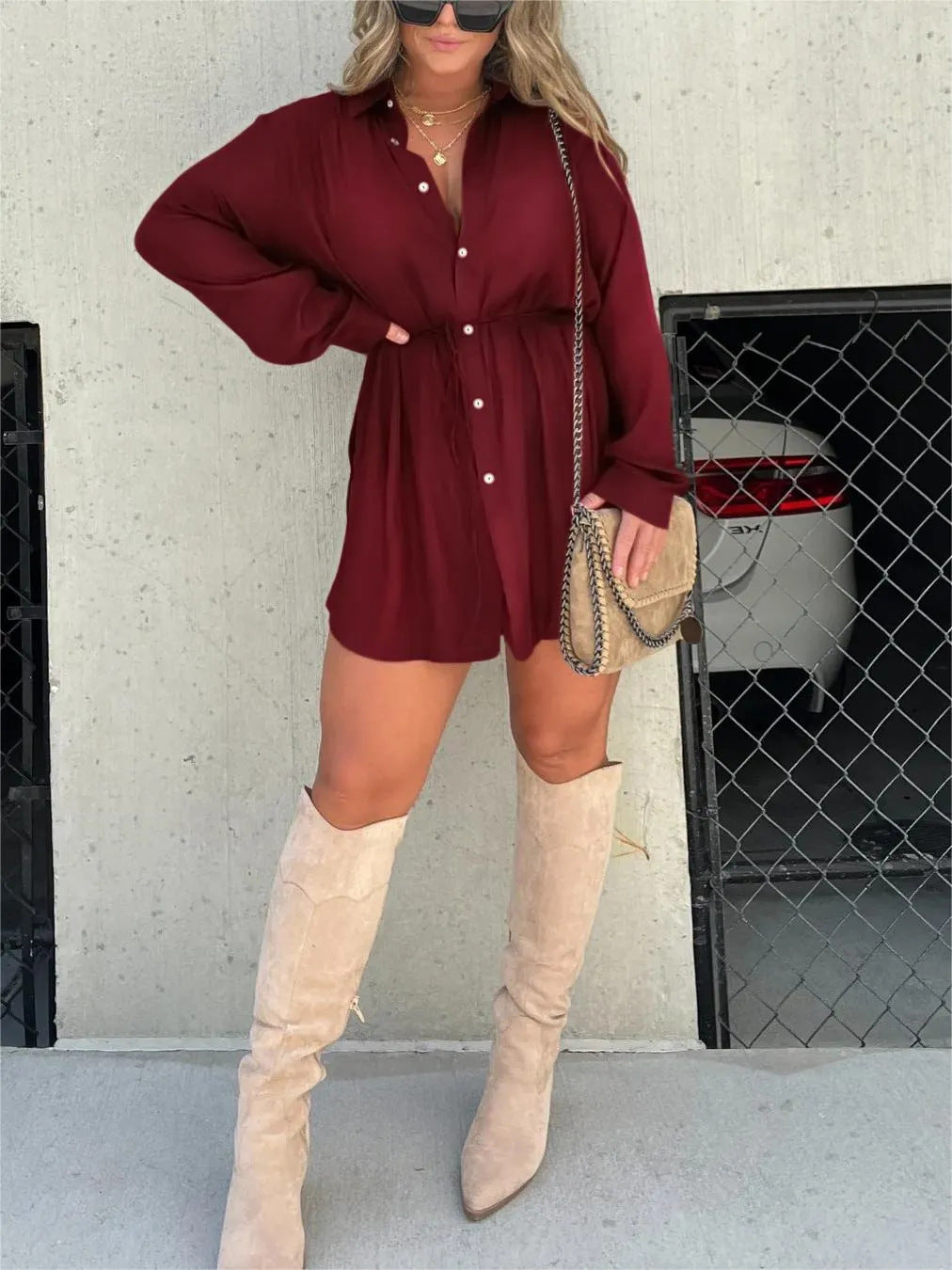 Women's Long Sleeve Jumpsuit With Button Fashion Shirt Dress.