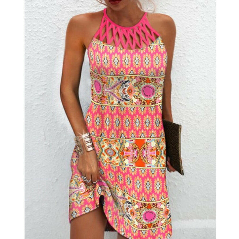 Fashion Print Dress Casual Halterneck Dresses For Women Summer Clothes.