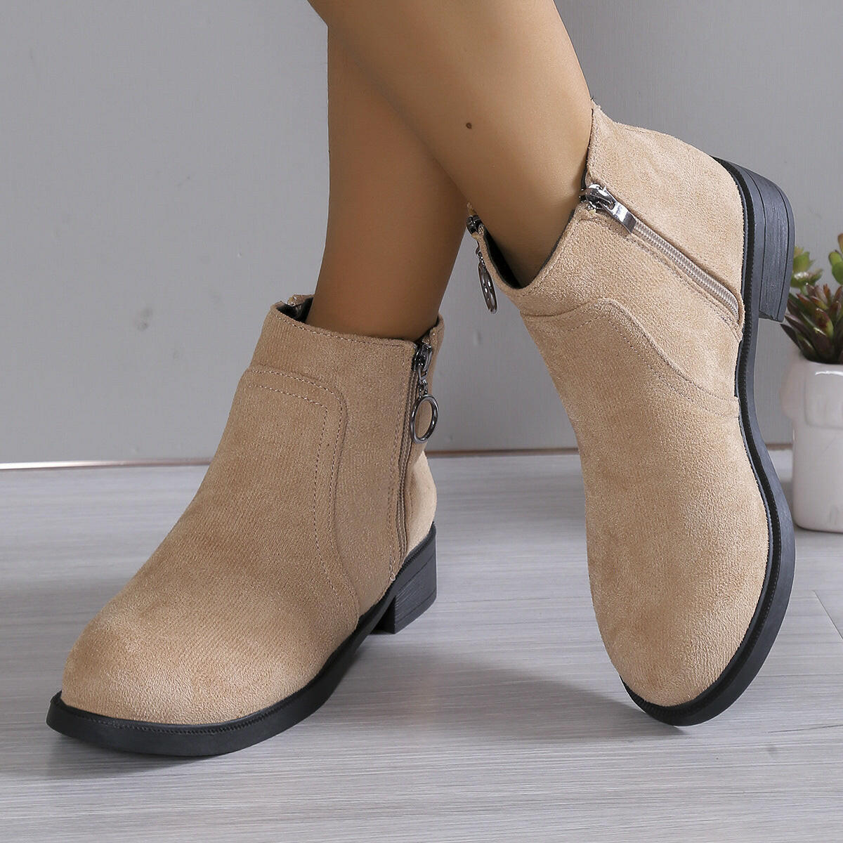 Square Heel Suede Round Buckle Side Zipper Short Tube Female Plus Size.