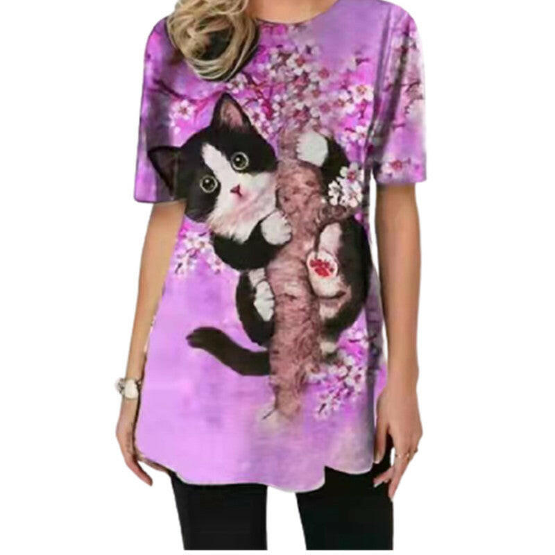 Cat Print Round Neck Long Sleeve Casual T-shirt.