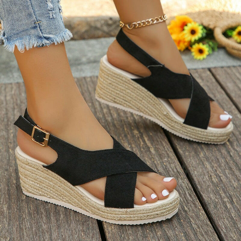 Hemp Rope Shoes Wedge Platform Snake Pattern Fish Mouth Sandals.