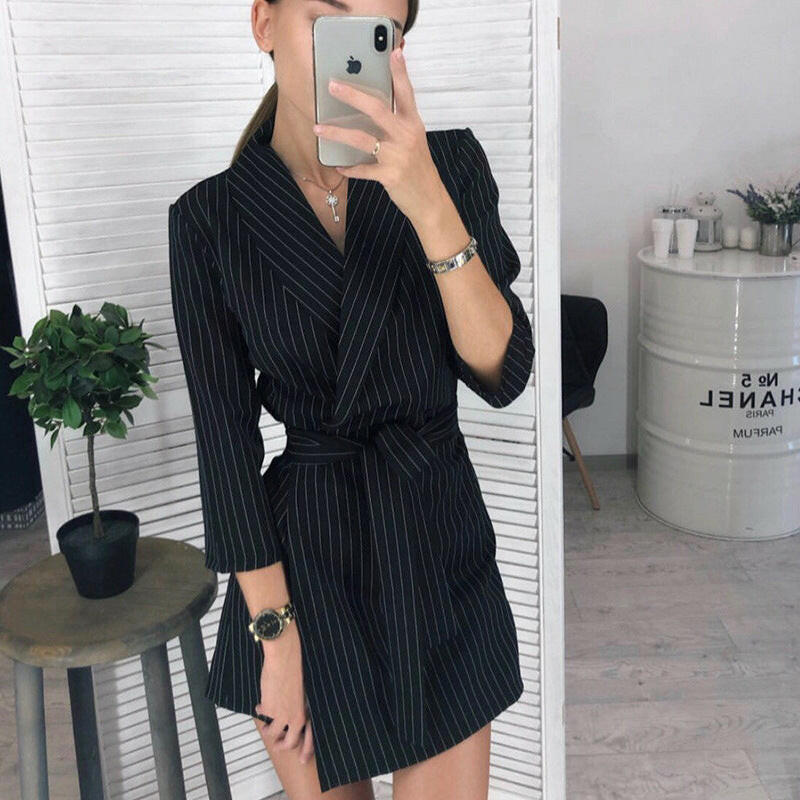 European And American Long Sleeve Solid Color Suit Collar Fashion Belt Short Dress.