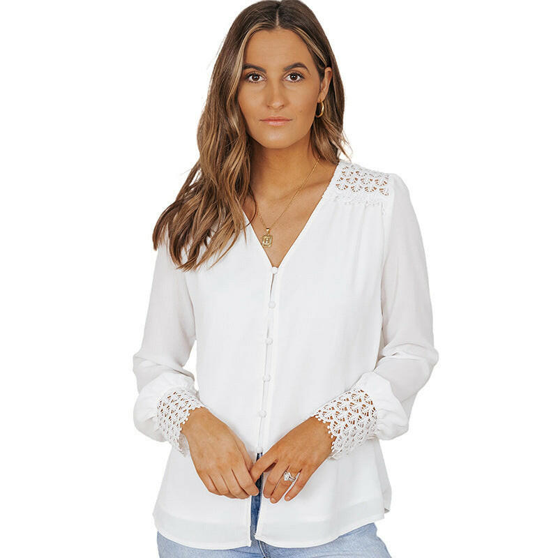 Solid Color Lace V-neck Single-breasted Shirt For Women.