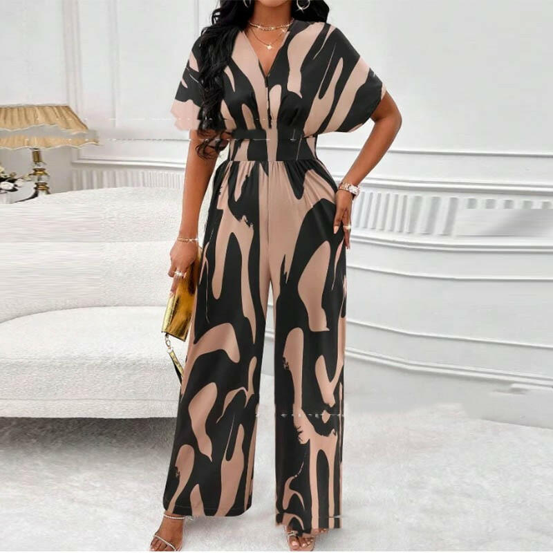 V-neck Loose Printed Long Jumpsuit.