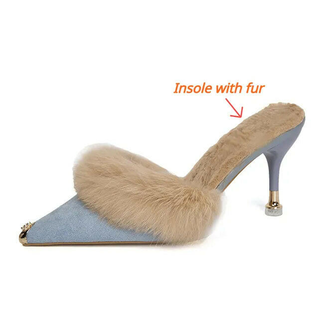 Women High Heel Shoes  Fur Slippers Mules Pointed.