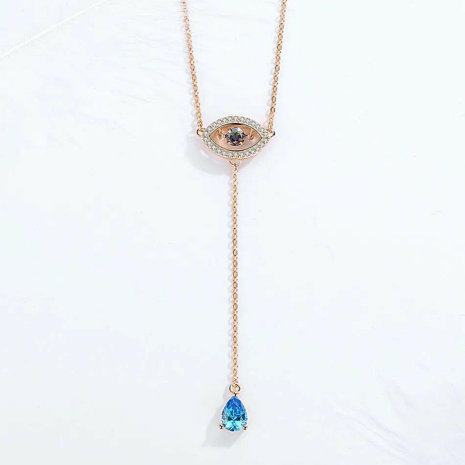 Eye Necklace Blue Zircon Long Chain