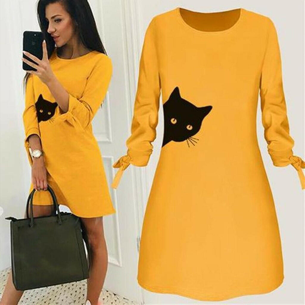 Women Elegant Dress Cat Print Bow O Neck Long Sleeves.