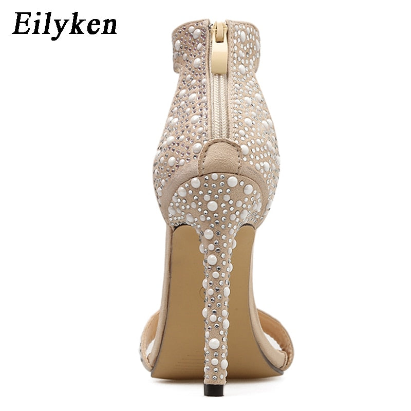 Women Sandals Pumps Summer Rhinestone Zipper Feather.