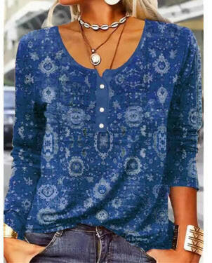 Long Sleeved Geometric Flower Mang U-neck Button Up T-shirt For Women.