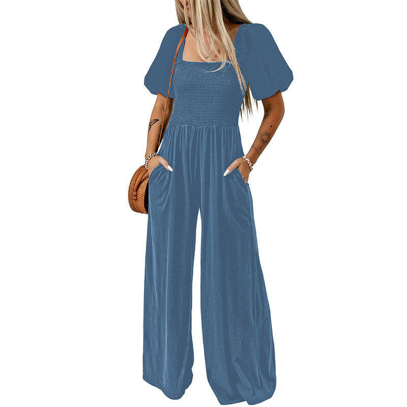 Women's Square Collar Short Sleeve Jumpsuit.