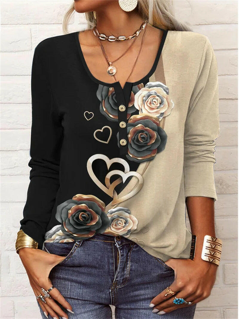 Long Sleeved Geometric Flower Mang U-neck Button Up T-shirt For Women.