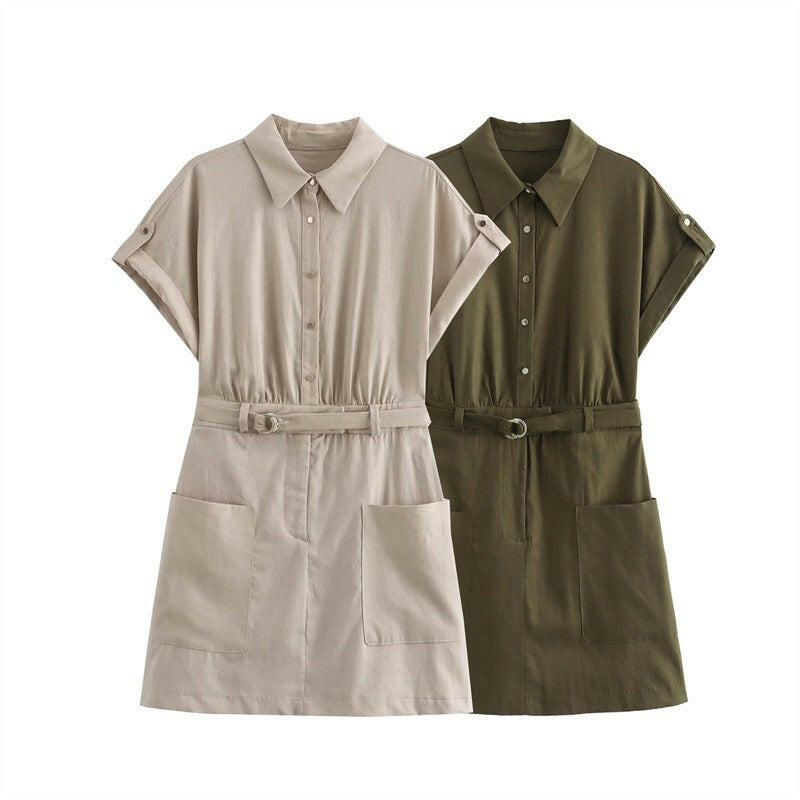 Flip collar short sleeved belt with linen dress decoration.