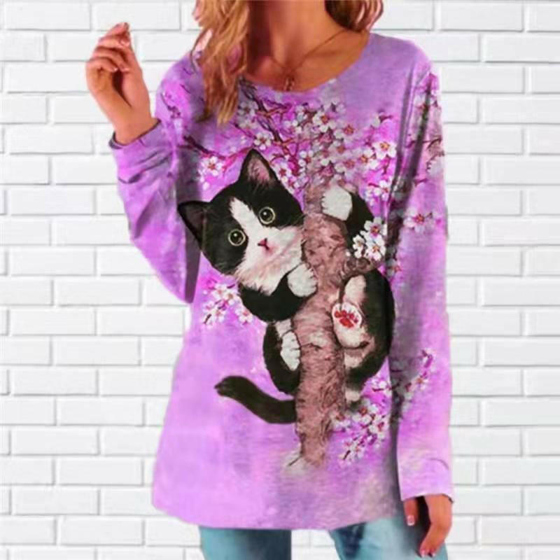 Cat Print Round Neck Long Sleeve Casual T-shirt.