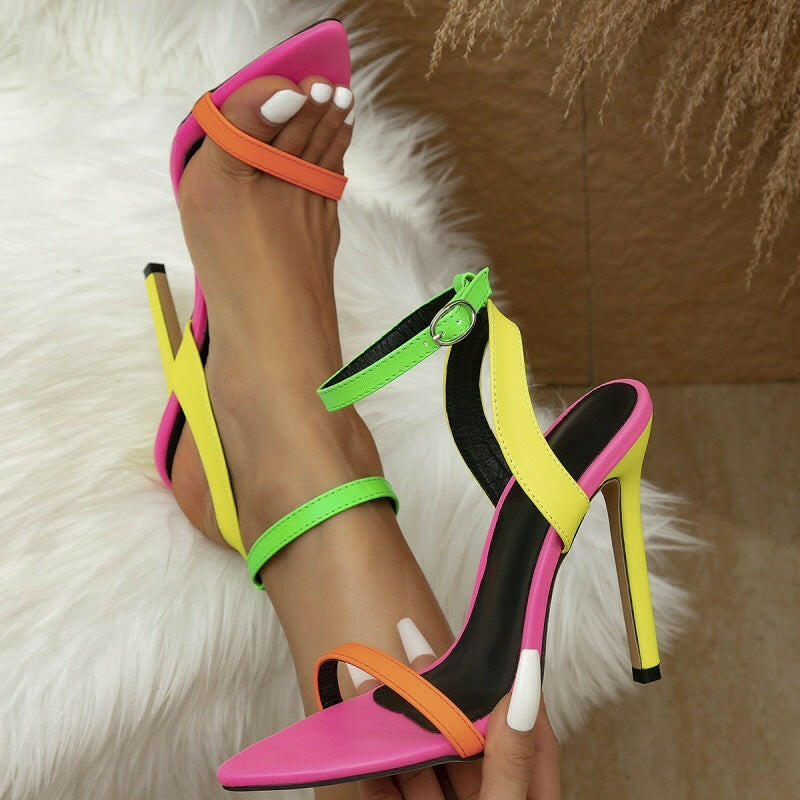 Ultra-high Heel Color Block Pointed Peep Toe Sandals.