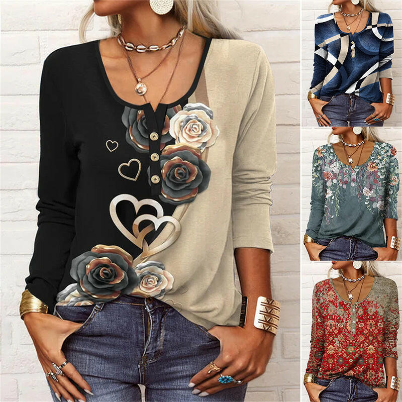 Long Sleeved Geometric Flower Mang U-neck Button Up T-shirt For Women.