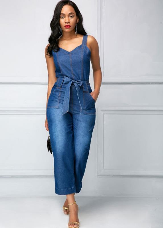 Sling Bowknot Denim Jumpsuit.