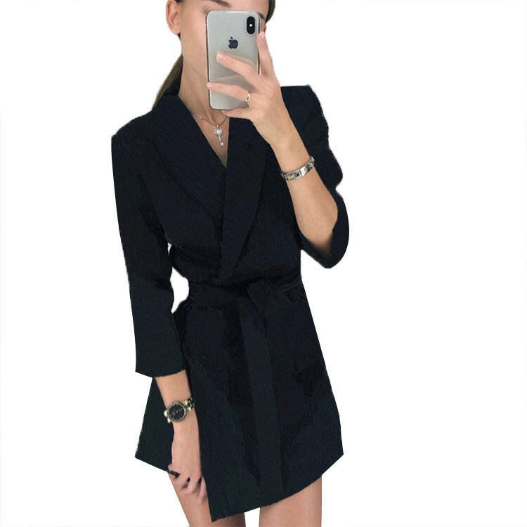 European And American Long Sleeve Solid Color Suit Collar Fashion Belt Short Dress.